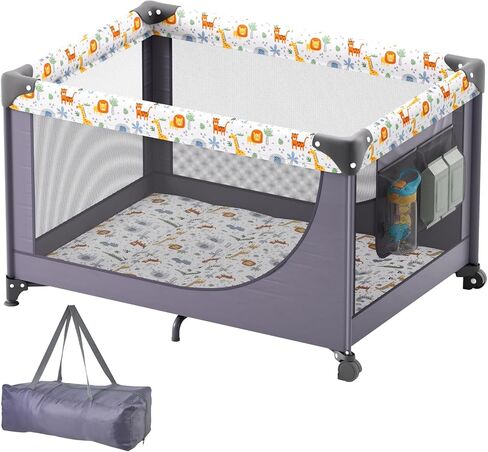 VEVOR Baby Travel Crib and Play Yard, Folding Baby Playpen with Soft Mattress Pad, Portable Toddlers Crib with Breathable Mesh and Travel Bag, Indoor/Outdoor Kid Activity Center for 0-36 Months Babies in Saudi Arabia