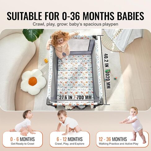 VEVOR Baby Travel Crib and Play Yard, Folding Baby Playpen with Soft Mattress Pad, Portable Toddlers Crib with Breathable Mesh and Travel Bag, Indoor/Outdoor Kid Activity Center for 0-36 Months Babies in Saudi Arabia