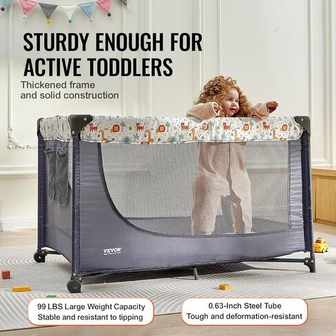 VEVOR Baby Travel Crib and Play Yard, Folding Baby Playpen with Soft Mattress Pad, Portable Toddlers Crib with Breathable Mesh and Travel Bag, Indoor/Outdoor Kid Activity Center for 0-36 Months Babies in Saudi Arabia