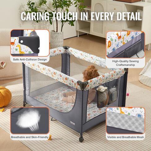 VEVOR Baby Travel Crib and Play Yard, Folding Baby Playpen with Soft Mattress Pad, Portable Toddlers Crib with Breathable Mesh and Travel Bag, Indoor/Outdoor Kid Activity Center for 0-36 Months Babies in Saudi Arabia