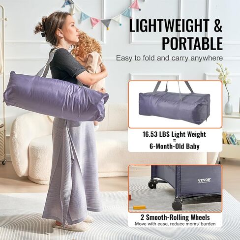 VEVOR Baby Travel Crib and Play Yard, Folding Baby Playpen with Soft Mattress Pad, Portable Toddlers Crib with Breathable Mesh and Travel Bag, Indoor/Outdoor Kid Activity Center for 0-36 Months Babies in Saudi Arabia