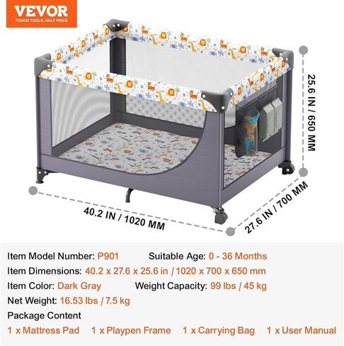 VEVOR Baby Travel Crib and Play Yard, Folding Baby Playpen with Soft Mattress Pad, Portable Toddlers Crib with Breathable Mesh and Travel Bag, Indoor/Outdoor Kid Activity Center for 0-36 Months Babies in Saudi Arabia