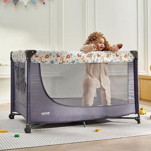 VEVOR Baby Travel Crib and Play Yard, Folding Baby Playpen with Soft Mattress Pad, Portable Toddlers Crib with Breathable Mesh and Travel Bag, Indoor/Outdoor Kid Activity Center for 0-36 Months Babies in Saudi Arabia