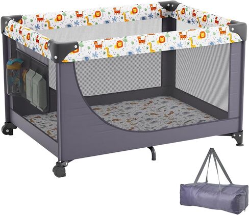 VEVOR Baby Travel Crib and Play Yard, Folding Baby Playpen with Soft Mattress Pad, Portable Toddlers Crib with Breathable Mesh and Travel Bag, Indoor/Outdoor Kid Activity Center for 0-36 Months Babies in Saudi Arabia