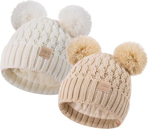 Toddler Winter Beanie Hat, Infant Winter Warm Knit Fleece Lined Cap for Girls Boys with Pom Pom for 0-3 Months 2 Packs in Kuwait