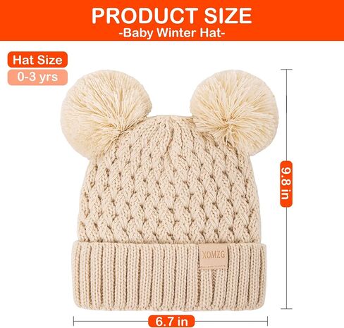 Toddler Winter Beanie Hat, Infant Winter Warm Knit Fleece Lined Cap for Girls Boys with Pom Pom for 0-3 Months 2 Packs in Kuwait