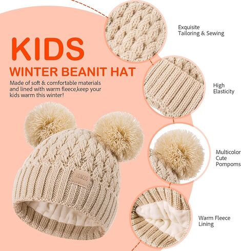 Toddler Winter Beanie Hat, Infant Winter Warm Knit Fleece Lined Cap for Girls Boys with Pom Pom for 0-3 Months 2 Packs in Kuwait