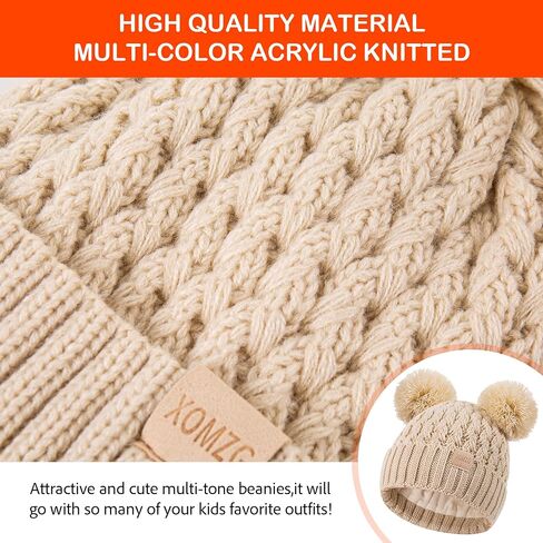 Toddler Winter Beanie Hat, Infant Winter Warm Knit Fleece Lined Cap for Girls Boys with Pom Pom for 0-3 Months 2 Packs in Kuwait