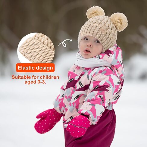 Toddler Winter Beanie Hat, Infant Winter Warm Knit Fleece Lined Cap for Girls Boys with Pom Pom for 0-3 Months 2 Packs in Kuwait