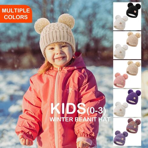 Toddler Winter Beanie Hat, Infant Winter Warm Knit Fleece Lined Cap for Girls Boys with Pom Pom for 0-3 Months 2 Packs in Kuwait