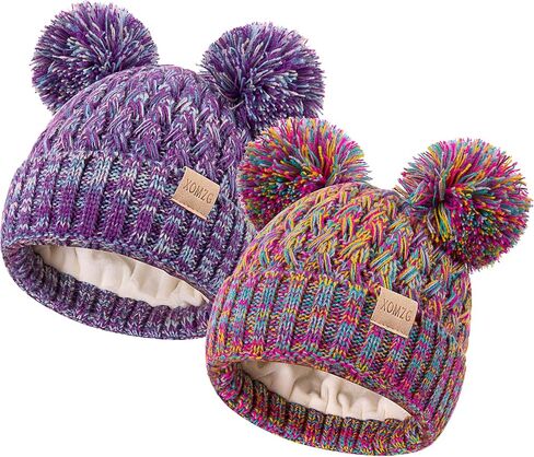 Toddler Winter Beanie Hat, Infant Winter Warm Knit Fleece Lined Cap for Girls Boys with Pom Pom for 0-3 Months 2 Packs in Kuwait