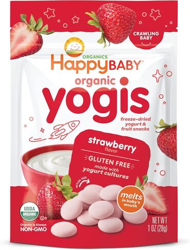 Happy Baby Organics Baby Snacks, Yogis, Freeze Dried Yogurt & Fruit Snacks, Gluten Free Snack for Babies 9+ Months, Strawberry, 1 Ounce in Saudi Arabia
