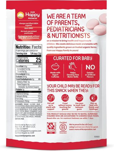 Happy Baby Organics Baby Snacks, Yogis, Freeze Dried Yogurt & Fruit Snacks, Gluten Free Snack for Babies 9+ Months, Strawberry, 1 Ounce in Saudi Arabia