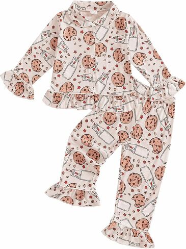 Multitrust Baby Girls Ruffled Cotton Pajamas Set Long Sleeve Button Down Shirts and Flared Pants Matching Pj Sets Sleepwear in Saudi Arabia