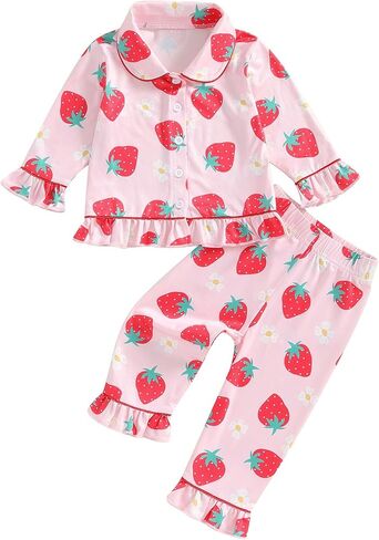 Multitrust Baby Girls Ruffled Cotton Pajamas Set Long Sleeve Button Down Shirts and Flared Pants Matching Pj Sets Sleepwear in Saudi Arabia