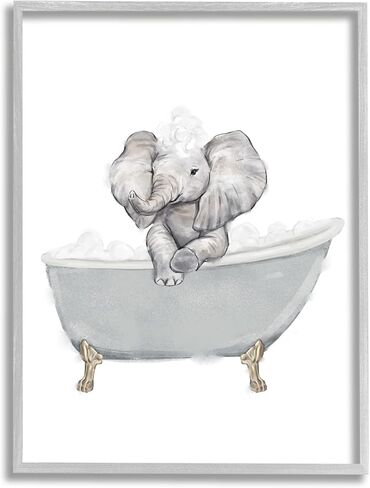 Stupell Industries Baby Elephant Bubble Claw Bathtub Safari Animal Bathroom, Designed by Ziwei Li Gray Framed Wall Art, 11 x 14, White in Saudi Arabia
