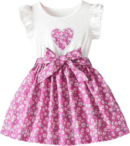 MakeMeChic Girl's Ditsy Floral Dress Ruffled Sleeveless Crew Neck Belted A Line Swing Cute Short Dress in Saudi Arabia