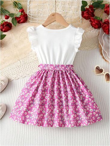MakeMeChic Girl's Ditsy Floral Dress Ruffled Sleeveless Crew Neck Belted A Line Swing Cute Short Dress in Saudi Arabia