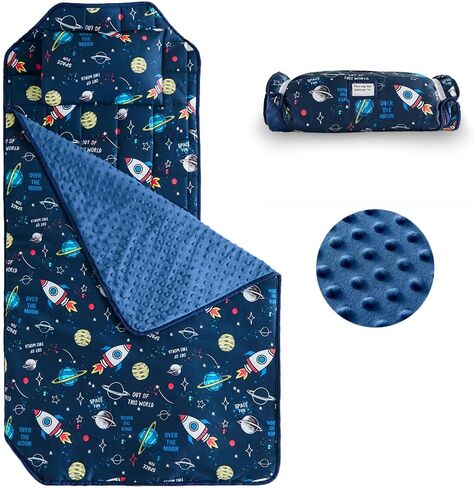 beeweed Toddler Nap Mat, Rollup Design Kid Sleeping Mat with Removable Pillow & Minky Blanket, Toddler Fit Sleeping Cot with Elastic Corner Straps for Daycare Preschool Travel Camping in Saudi Arabia