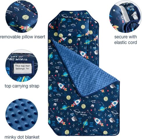 beeweed Toddler Nap Mat, Rollup Design Kid Sleeping Mat with Removable Pillow & Minky Blanket, Toddler Fit Sleeping Cot with Elastic Corner Straps for Daycare Preschool Travel Camping in Saudi Arabia