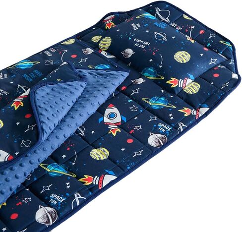 beeweed Toddler Nap Mat, Rollup Design Kid Sleeping Mat with Removable Pillow & Minky Blanket, Toddler Fit Sleeping Cot with Elastic Corner Straps for Daycare Preschool Travel Camping in Saudi Arabia