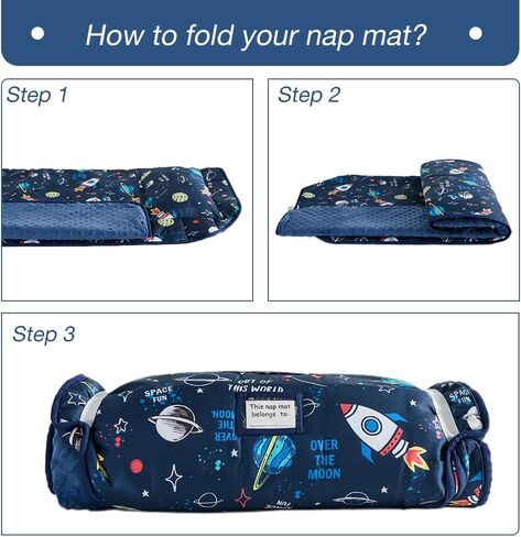 beeweed Toddler Nap Mat, Rollup Design Kid Sleeping Mat with Removable Pillow & Minky Blanket, Toddler Fit Sleeping Cot with Elastic Corner Straps for Daycare Preschool Travel Camping in Saudi Arabia