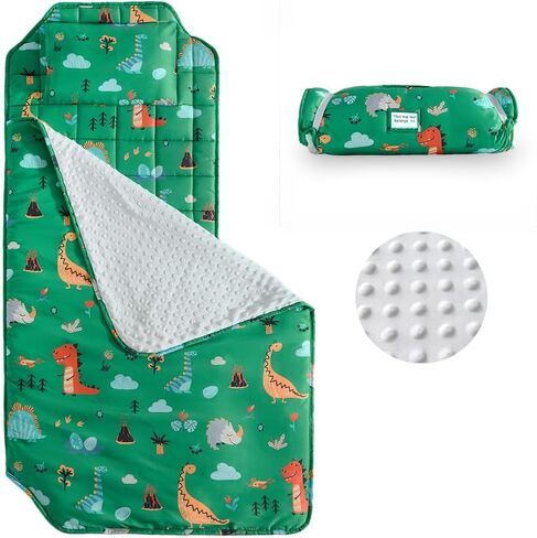 beeweed Toddler Nap Mat, Rollup Design Kid Sleeping Mat with Removable Pillow & Minky Blanket, Toddler Fit Sleeping Cot with Elastic Corner Straps for Daycare Preschool Travel Camping in Saudi Arabia