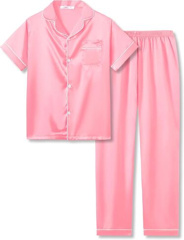 بيجامة تيبيس ساتان للبنات - وردي نيون لطيف حريري بأكمام قصيرة وسروال ملابس نوم طقم بيجاما مقاس 6/7-16 in Kuwait