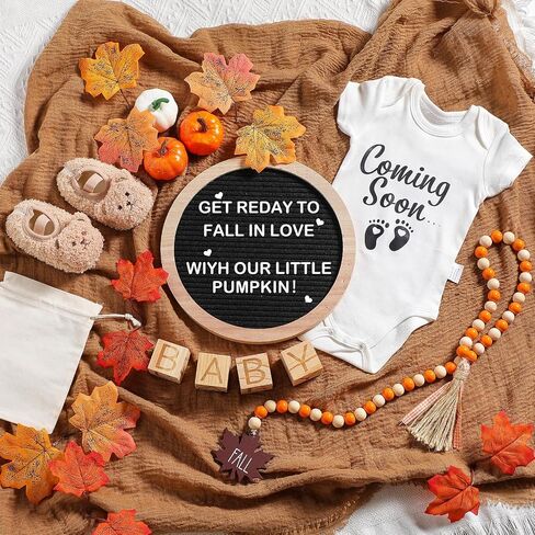 17 Pcs Fall Pregnancy Announcement Set Baby Announcement Idea Pregnancy Reveal, Newborn Bodysuit Bootie Wood Block Prop Bead Pumpkin Maple Leaves Letter Board Kit for Coming Soon Baby in Saudi Arabia