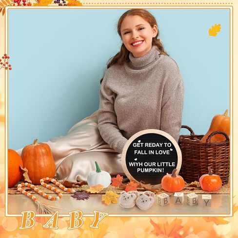17 Pcs Fall Pregnancy Announcement Set Baby Announcement Idea Pregnancy Reveal, Newborn Bodysuit Bootie Wood Block Prop Bead Pumpkin Maple Leaves Letter Board Kit for Coming Soon Baby in Saudi Arabia