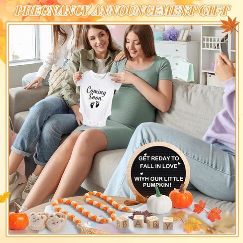 17 Pcs Fall Pregnancy Announcement Set Baby Announcement Idea Pregnancy Reveal, Newborn Bodysuit Bootie Wood Block Prop Bead Pumpkin Maple Leaves Letter Board Kit for Coming Soon Baby in Saudi Arabia