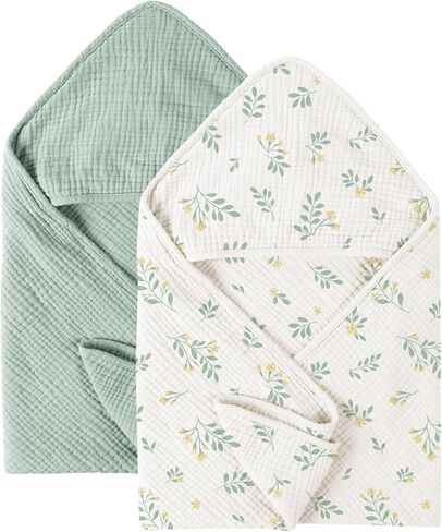Konssy 2 Pack Muslin Hooded Baby Towels for Newborn Soft 100% Cotton Baby Bath Towel with Hood for Baby, Infant Ultra Absorbent, Baby Stuff Baby Bath Shower Gifts (Green, Leafy,30" x 30") in Saudi Arabia
