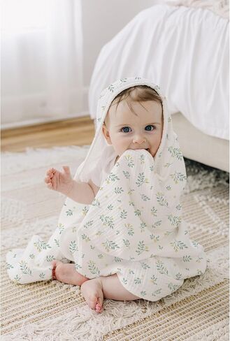 Konssy 2 Pack Muslin Hooded Baby Towels for Newborn Soft 100% Cotton Baby Bath Towel with Hood for Baby, Infant Ultra Absorbent, Baby Stuff Baby Bath Shower Gifts (Green, Leafy,30" x 30") in Saudi Arabia