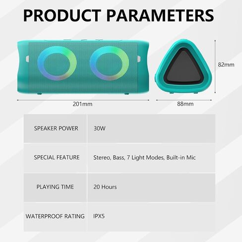 DONOW Bluetooth Speaker with Lights, 30W Stereo Sound, Deep Bass, IPX5 Waterproof, 20H Playtime, Portable Wireless Speaker with Built-in Mic, for Party, Home, Outdoor, Beach(Black) in Saudi Arabia