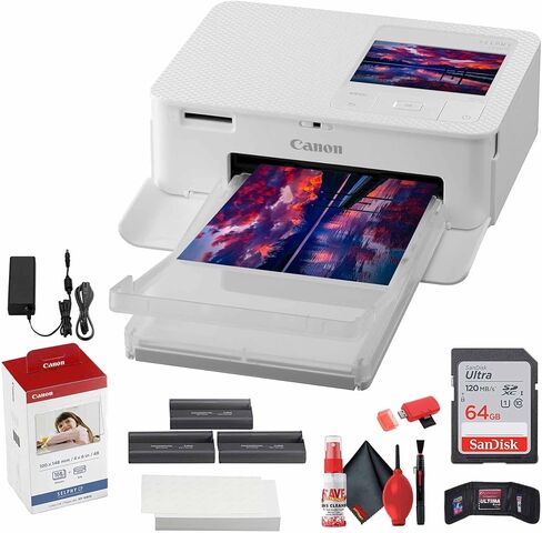 طابعة الصور المدمجة SELPHY CP1500 من Canon (أبيض) (5540C002) مجموعة ورق وأحبار ملونة KP-108IN + بطاقة ذاكرة Ultra سعة 64 جيجابايت + طقم تنظيف + محفظة بطاقة ذاكرة + قارئ بطاقات in Kuwait