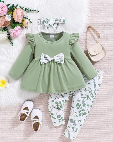 Baby Girl Clothes Toddler Girl Outfits Infant Girl Summer Clothes for Girl Ruffle Shirt Pants+Cute Headband 3PCS in Kuwait