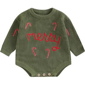 Baby Christmas Sweater Romper Infant Boy Girl Crewneck Candy Cane Embroidery Knit Sweater One-Piece Outfit
