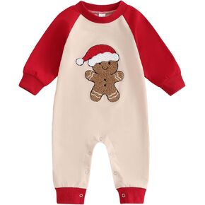 Lesimsam Unisex Newborn Baby Boy Girl Christmas Outfit Gingerbread Man Embroidery Long Sleeve Romper Jumpsuit Winter Clothes