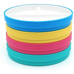 Elk and Friends Kids 7.8" Porcelain White Plates with Silicone Sleeves | Divided Plates | Suitable for Kids/Toddlers | Microwave & Dishwasher Safe | Non Slip | Snack Dishes…