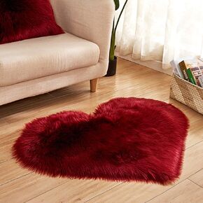 Faux Fur Sheepskin Heart Shaped Area Rugs, 16"x20" Luxurious Wool Love Floor Carpets Bathroom Non-Slip Mat for Home Decor Nursery Living Room Bedroom Pet Kids and Baby Room (Black)