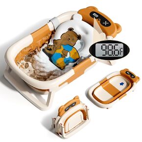 Baby Bathtub with Thermometer for Newborn to Toddler,Collapsible Travel Baby Bath Tub with Soft Cushion,Foldable Baby Bath Tub for Infants 0-24 Months,Brown