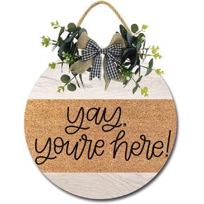 Yay Youre Here Round Wooden Door Hanger,Nursery,Front Door,Door Knob Decor,Living Room Sign, Wall Decor, Hanging Wood Sign, Bedroom Decor, Romantic Decor Sign (12x12inch)