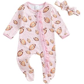 Newborn Baby Girl Football Romper Rugby Footie Long Sleeve Ruffle Zip Up Jumpsuit Onesie Headband 2Pcs Fall Clothes