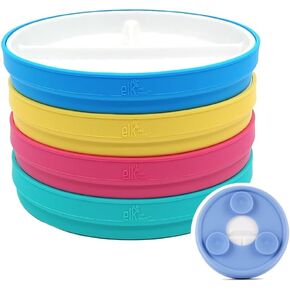 Elk and Friends Kids 6.7" Porcelain White Plates with Silicone Suction Sleeves Sleeves | Divided Plates | Suitable for Babie/Kids/Toddlers | Microwave & Dishwasher Safe | Non Slip | Snack Dishes