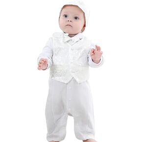 Baby Boy's Baptism Christening Embroidered 4 Pcs Set Long Sleev Suit White,0-12M