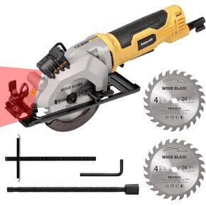 4Amp Mini Circular Saw, 3500RPM Corded Compact Saw with 4-1/2" 24T TCT Blades, Laser Guide, Rip Guide, Vacuum Adapter and Blade Wrench, Max Cutting Depth 1-11/16"(90°), 1-1/8"(45°）