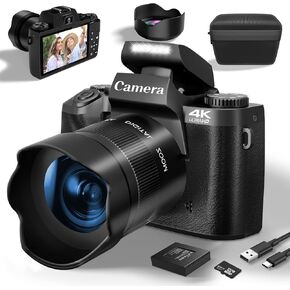 4K Digital Camera for Photography, Vlogging Camera for Youtube with Autofocus, WiFi Touchscreen 16X Digital Zoom Video Camera with 3000mAh Battery, Dual-lens, Lens Hood, 32GB TF Card and Flash,Black