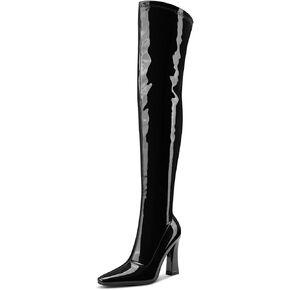Aachcol Womens Patent Leather Fashion Over The Knee High Boots Chunky Block High Heel Thigh High Boots Pointed Toe Zipper Sexy High Heel Long Boots