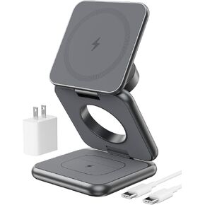 X40 Pro Orange Leather Foldable 3 in 1 Charging Station for Apple, Aluminum Alloy Portable Magnetic Wireless Charger Travel Stand for iPhone 15/14/13, Apple Watch 1-9/Ultra, AirPods,with 20W Adapter