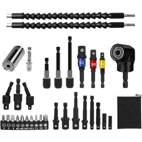 Flexible Drill Bit Extension Set, Includ Right Angle Drill Attachmen, Rotatable Joint Socket 1/4 3/8 1/2 In Hex Socket Adapter, Bendable Drill Bit Extension and Drill Bit Holder Screwdriver Kit (32)
